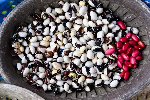 A close up top view of fresh black eyed peas and red kidney beans inside a .. Stock Photos