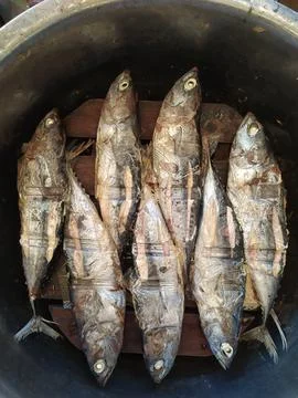 Close up top view of fresh fish on display of stall at traditional market i.. Stock Photos