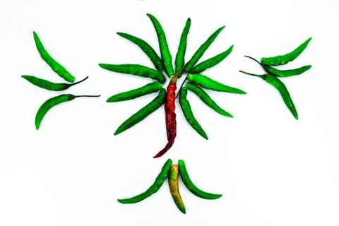 Close Up Top View of Fresh Red Green Chili Peppers. Stock Photos