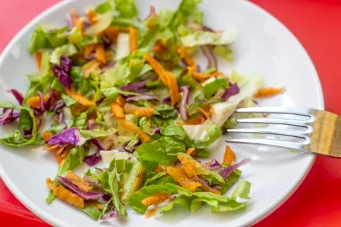 Close-up top view for fresh vegetable salad on the white plate Stock Photos