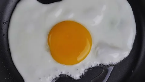 Close up top view fried egg on fry pan. Breakfast cooking. Food cooking Stockbeeldmateriaal 232940509