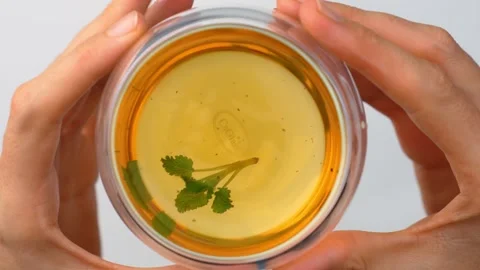 Close up top view of hands holding cup with brewed herbal tea. Two hands framing Stock Footage 342976807