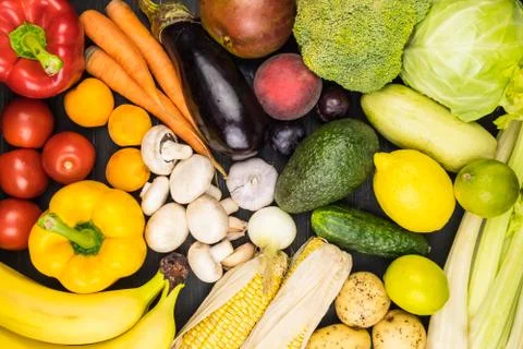 Close-up top view image of fresh organic vegetables and fruit Stock Photos