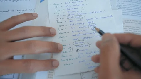 Close-Up, Top View, Indian Student Hand with Pencil Writes Cheat Sheet for Exam Stock Footage 107992913