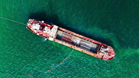 Close up top view of industrial dredging vessel in water Stock Footage 331943368
