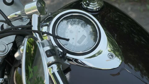 Close up top view of motorcycle speedometer or odometer. motorcycle is parked Stock Footage 200783249