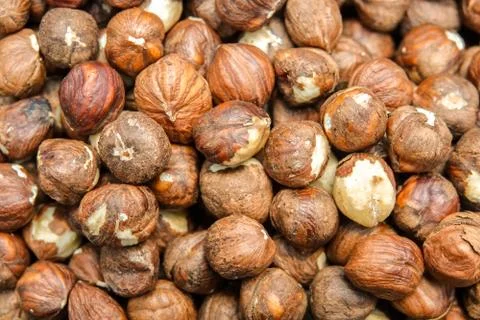 Close up top view of nuts hazelnut. Stock Photos