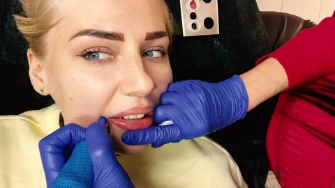 Close-up top view of the process of applying permanent makeup to the lips. 4k Vídeo Stock 163064646