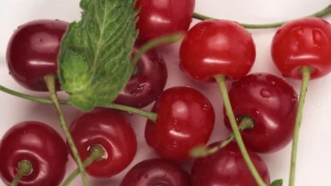 Close up top view of ripe cherries plucked with sticks rotate Stock Footage 280248983