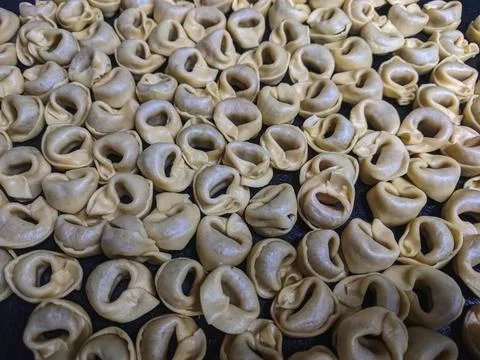 A close up top view shot of raw Tortellini with white mushrooms Texture Food Stock Photos