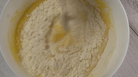 Close-up, Top View, Stirring Ingredients for the Dough in a Plate with a Spoon Stock Footage 102588582