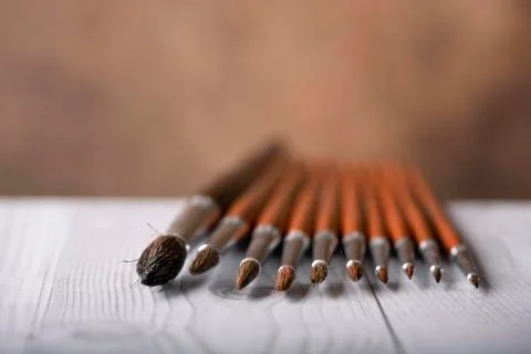 Close-up top view of various paintbrushes collection on wooden table Foto stock