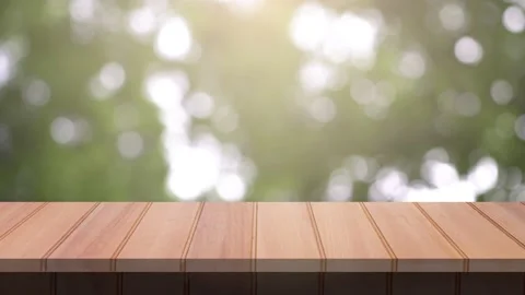 Close up Top Wood table bar and nature tree bokeh blurred background. At morning Stock Footage 149490216