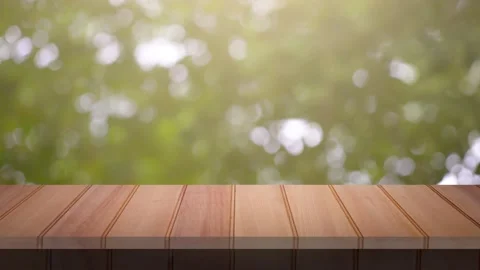Close up Top Wood table bar and nature tree bokeh blurred background. At morning Vídeos de archivo 149490241