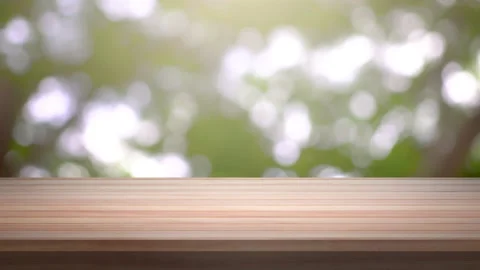 Close up Top Wood table bar and nature tree bokeh blurred background. At morning Stockbeeldmateriaal 149490273