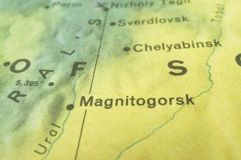 Close-up topographical map of eastern area, features geographical names Mag.. Stock Photos