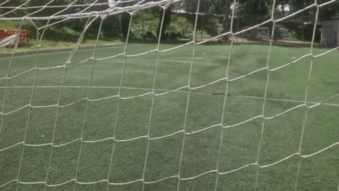 Close-up of a torn soccer goal net on a green football field Видео 333981826