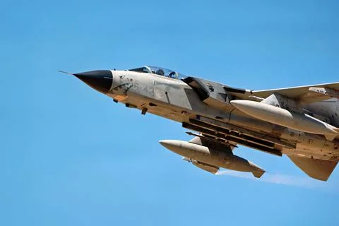 Close up of a Tornado IDS cockpit and nose in flight over Albacete Stock Photos