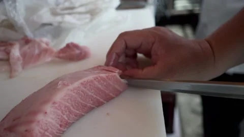 Close up Toro fish cutting Stock Footage 238504443