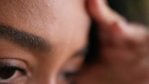 Close up touching forehead tense African American woman female girl skin health Stock-Footage 288537493