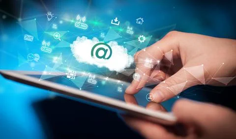 Close-up of a touchscreen with technology icons concept Stock Photos