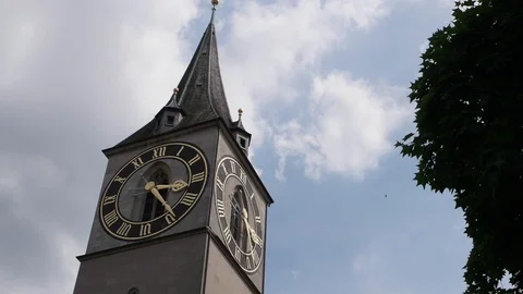 Close up of a tower clock medieval and golden  in Zurich cityscape Stock Footage 100812225