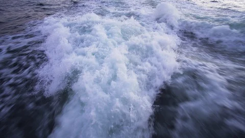 Close up Trace tail of ferry wave on sea in sunset Video stock 124996128