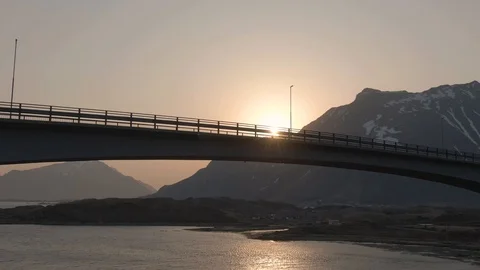 Close Up Tracking Shot of The Fredvang Bridge at Sunrise In Lofoten Stock Footage 116412703