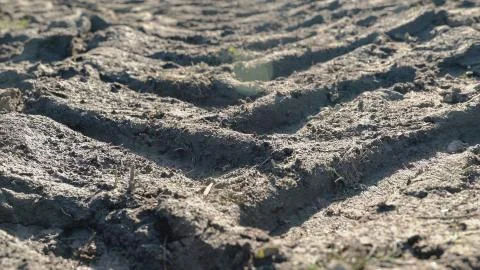 Close up tractor deep track traces. Dirty road with slop Stock Photos