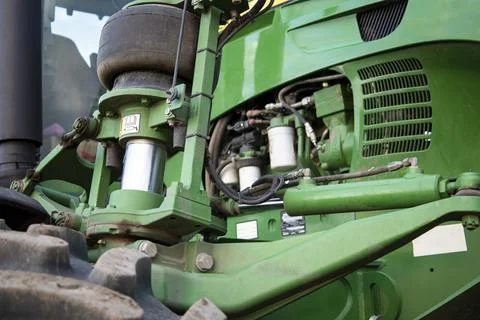 Close-up of the tractor details where the engine and air cushions are visible Stock Photos
