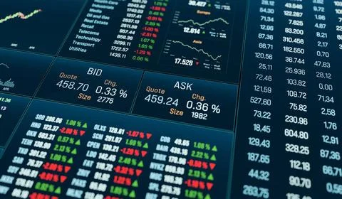  Close-up trading screen with data, charts and graphs. Close-up trading sc... Stock Photos