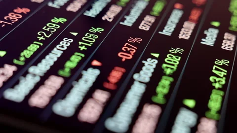 Close-up trading screen with fast running stock market sector data Stock Footage 345575361