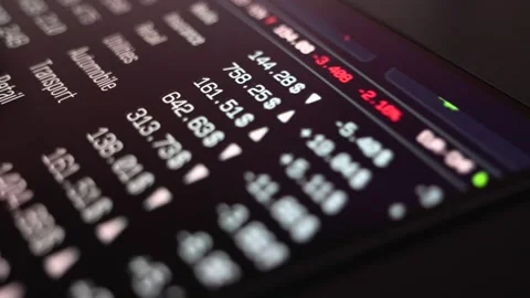 Close-up trading screen with fast running stock market sector data Видео 345575372