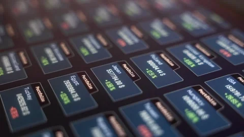 Close-up trading screen with investment data, equity portfolios, wealth. Stock Footage 345575409