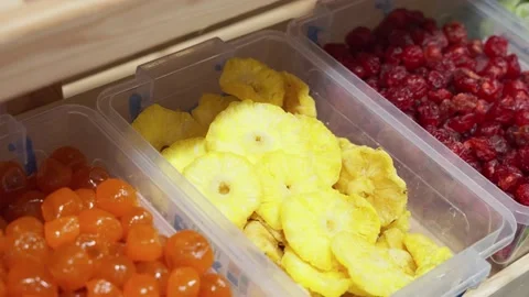 Close up trading shelf with dried exotic fruits. Stock Footage 237724065