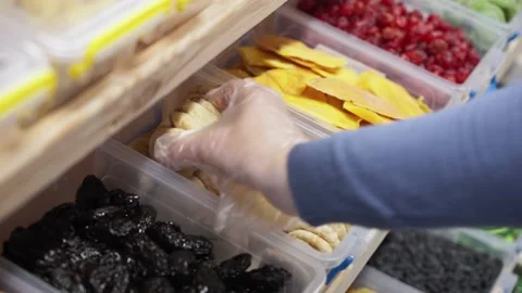 Close up trading shelf with dried exotic fruits. Stock Footage 237724071
