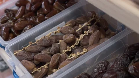 Close up trading shelf with dried exotic fruits. Stock Footage 238540416