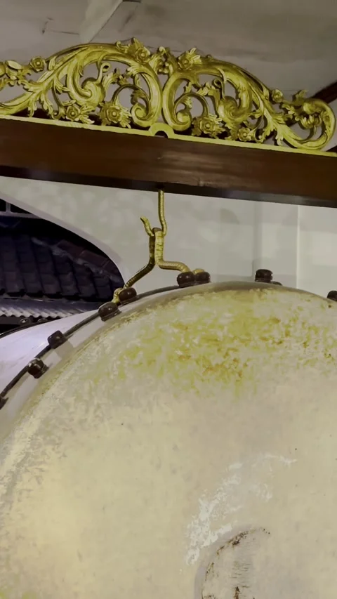 Close-up of traditional bedug drum with ornate carved frame Stock Footage 346741761