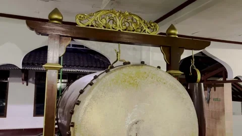 Close-up of traditional bedug drum with ornate carved wooden frame Stock Footage 346742757