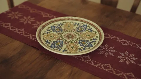 Close up traditional plate handmade ceramic colorful morocco ramadan design on Stock Footage 138700979