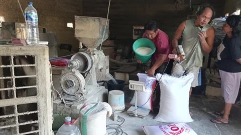Close Up Traditional Rice Mill Workers Serving Woman Customer Buying Rice Видео 345502608