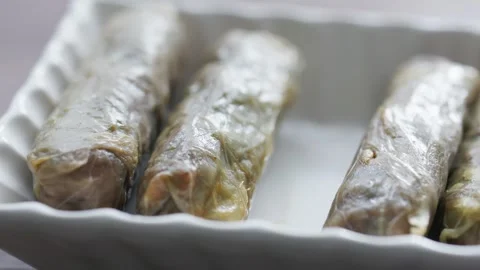 Close-up of Traditional Turkish Cabbage Rolls - Lahana Sarmasi with Tomato Sauce Stock Footage 323445207