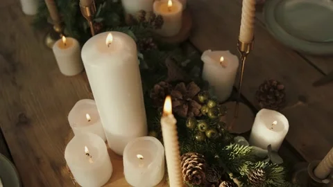 Close up of a traditionally decorated christmas table with a lot of candle. Stock Footage 167172943