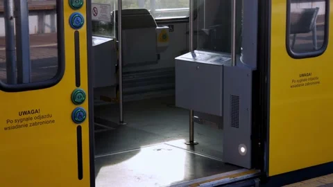 Close up into the train's door closed, view outdoor Stock Footage 197014057