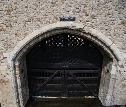 Close up of Traitors gate sign of the St. Thomas Tower, the entrance for pr.. Stock Photos