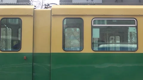 Close up of the tram that is leaving the stop Stockbeeldmateriaal 146438074