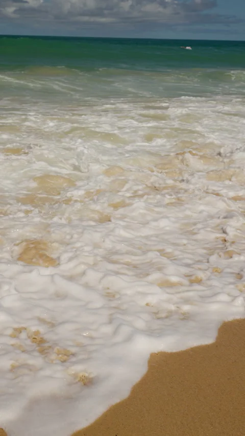 Close-up transformation from rolling turquoise ocean waves to foamy white surf Stock Footage 310492733