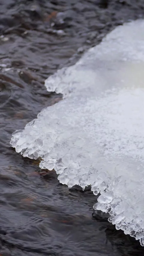 Close-Up of Translucent Ice Shelves Over Dark Rippling Water Flow - Copy Space F Stock Footage 326665939