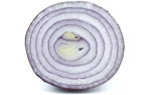 Close-up Transverse Cut of Fresh Red Onion Half with Concentric Layers on W.. Stock Photos