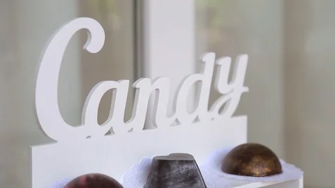 Close up of tray candy bar with lot delicious diversity pastry cakes tartlets Видео 123895976